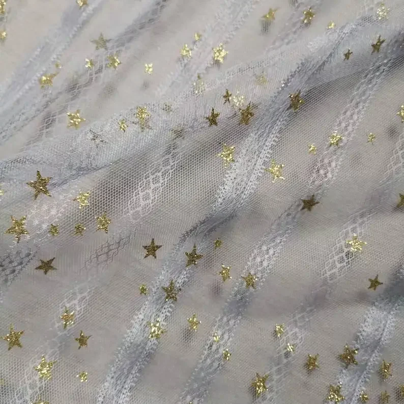 

5 Colors Vertical pattern flowers embroidery lace fabric gold star soft tulle For Wedding Dress Bridal Veil Tutu dress