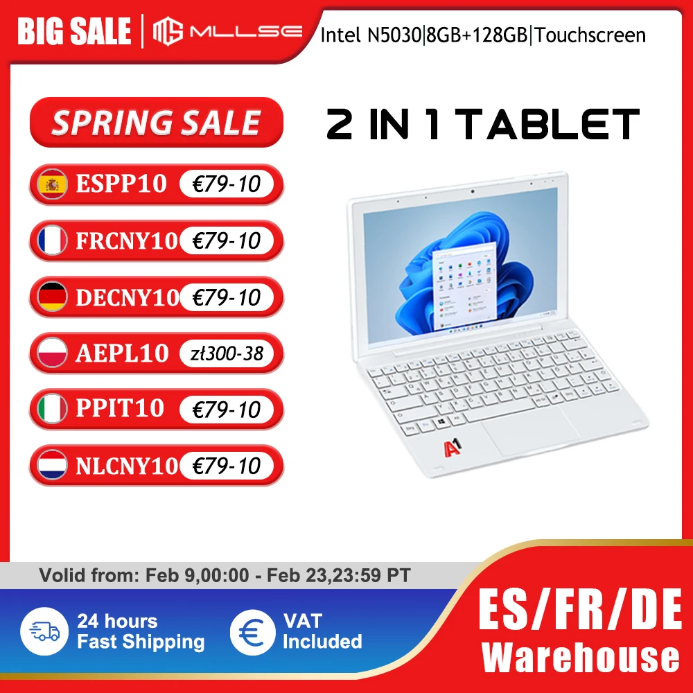 MLLSE-Tablette PC 2 en 1 Windows 10, 8 Go DDR4 + 128 Go SSD Intel N5030, écran IPS 10.1 pouces, WiFi, bureau mobile avec clavier