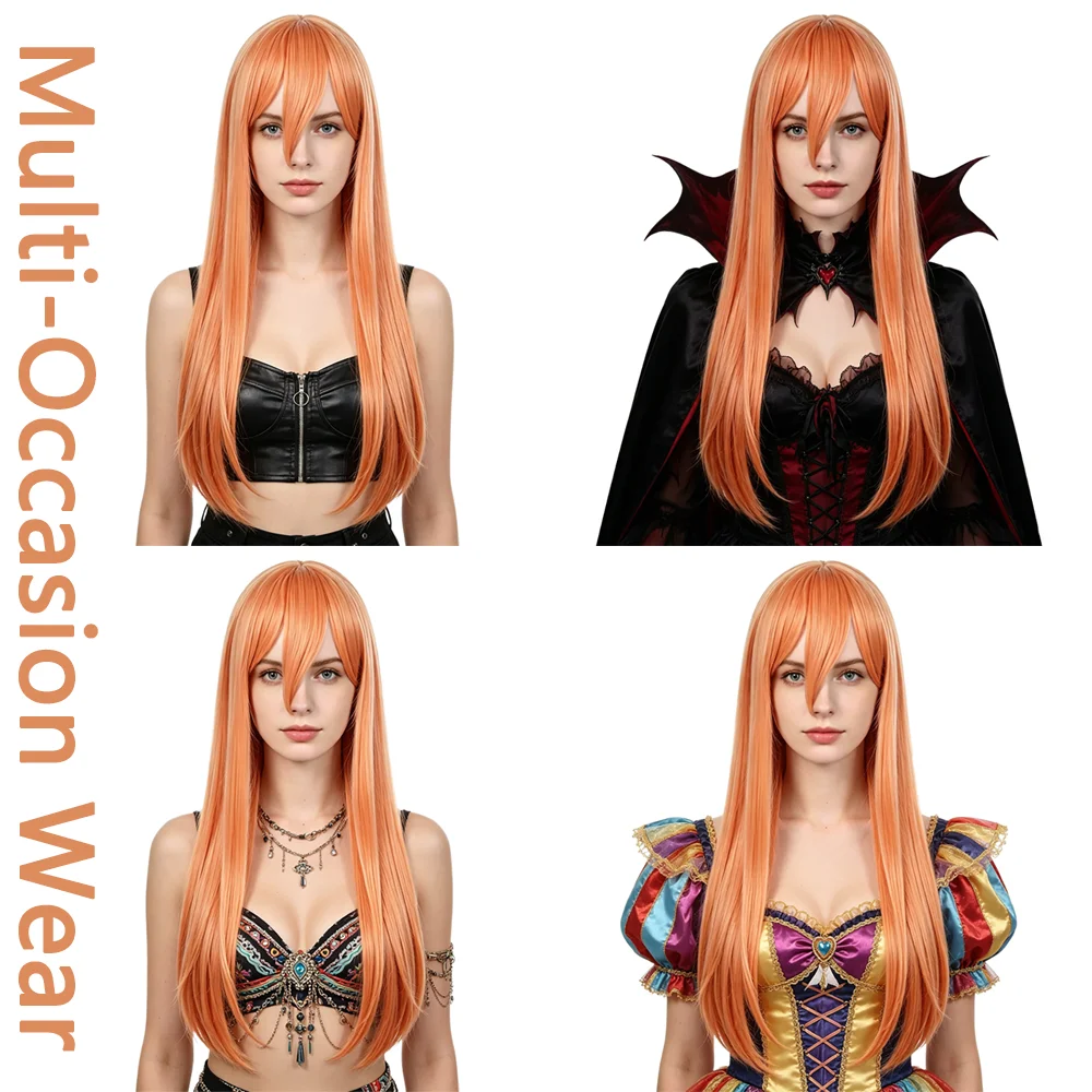 #350 Light Ginger Orange Wig 37 Inch Long Straight Wig with Side Bangs Heat Resistant Synthetic Full Wig For Cosplay Daily Party