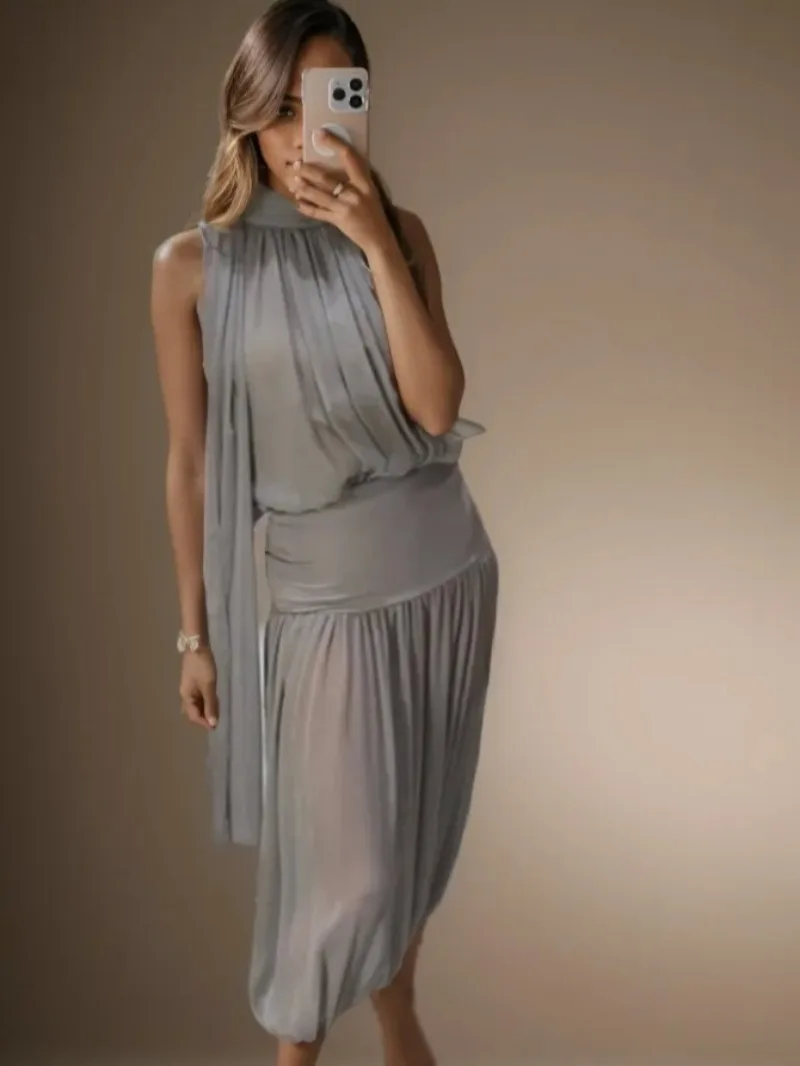 Set da donna elegante Set di gonne lunghe solide sottili di nuova moda per le donne 2 pezzi Set di tute senza maniche con decorazione a pieghe