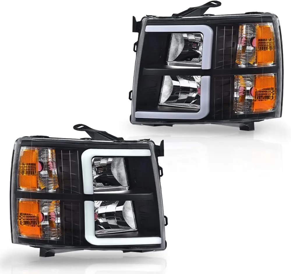 

Светодиодные лампы для проектора DRL без лампы, прозрачные линзы, черный корпус, янтарный отражатель, совместимый с Chevy Silverado 1500 2007-20