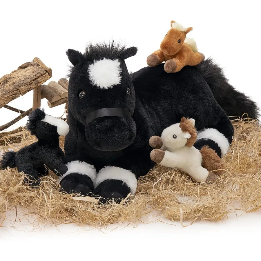 

4Pcs Horse Stuffed Animal for Babies 18 inch Large Black Pony Plush with Baby Pony Cute Soft Pillow Toy for Boys Girls