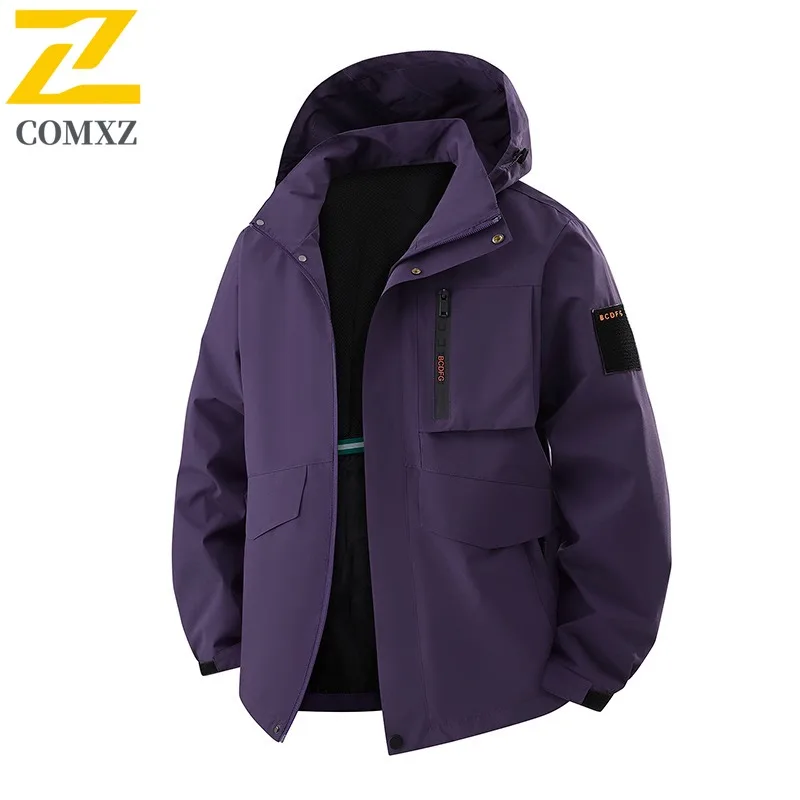 COMXZ Men Jacket American Style Detachable Hood Loose Windbreaker Outdoor Jackets Windproof Casual Sport Lightweight Hiking Coat