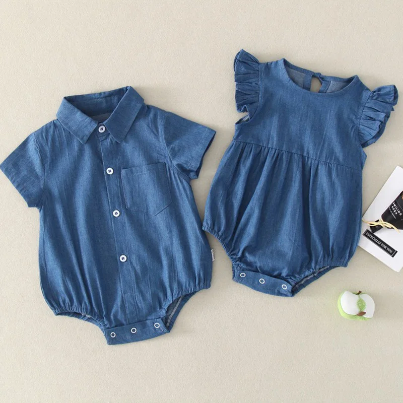 2024 New Summer Newborn Baby Girls Boys Bodysuits Short Sleeved Solid Denim Brother And Sister Clothing Infant Baby Jumpsuit