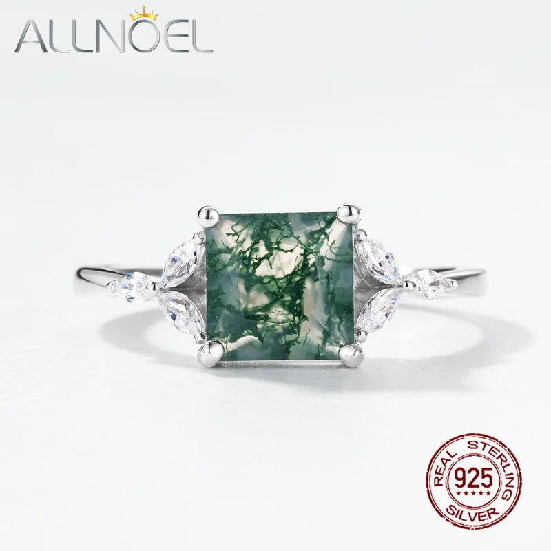 

ALLNOEL 925 Sterling Silver Natural Moss Agate Ring with Agate Silver for Women Men Fine Jewelry Retro Style