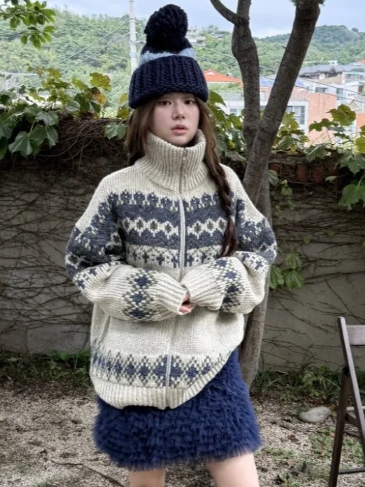 

Вязаный высокий свитер в стиле ретро Fair Isle, женский зимний тренд, ленивый топ, трикотаж, удобный, уютный, модный