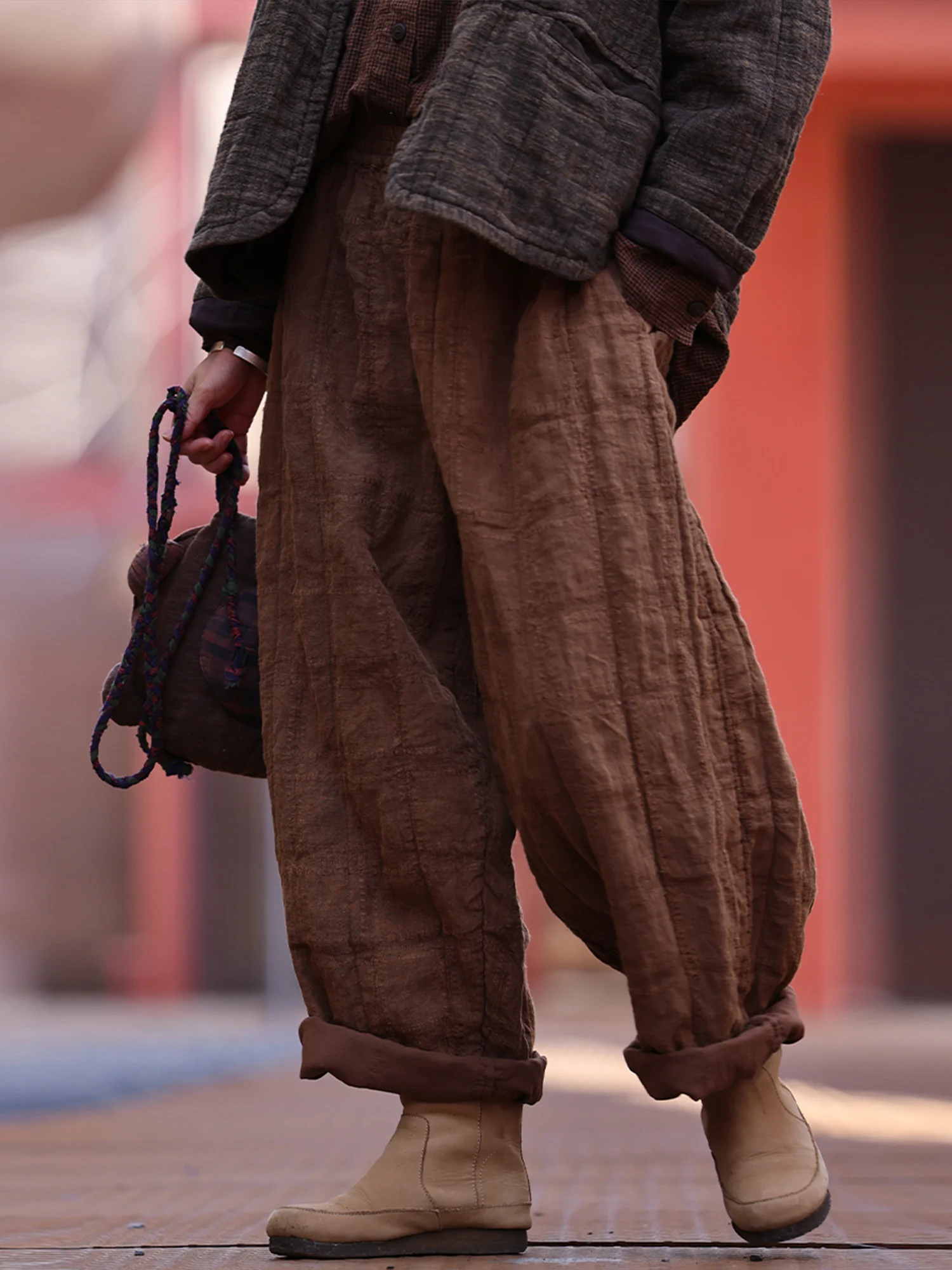 

PengPengHome льняные двухслойные повседневные брюки l с расклешенной талией и манжетами, женские удобные дышащие осенние модные брюки