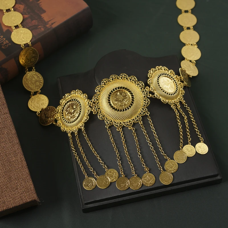 Nieuwe Midden-oosten Stijl Riem Metalen Ketting Coin Kwasten Tailleband Lange Verstelbare Lengte Bruiloft Caftan Jurk Riem In Goud