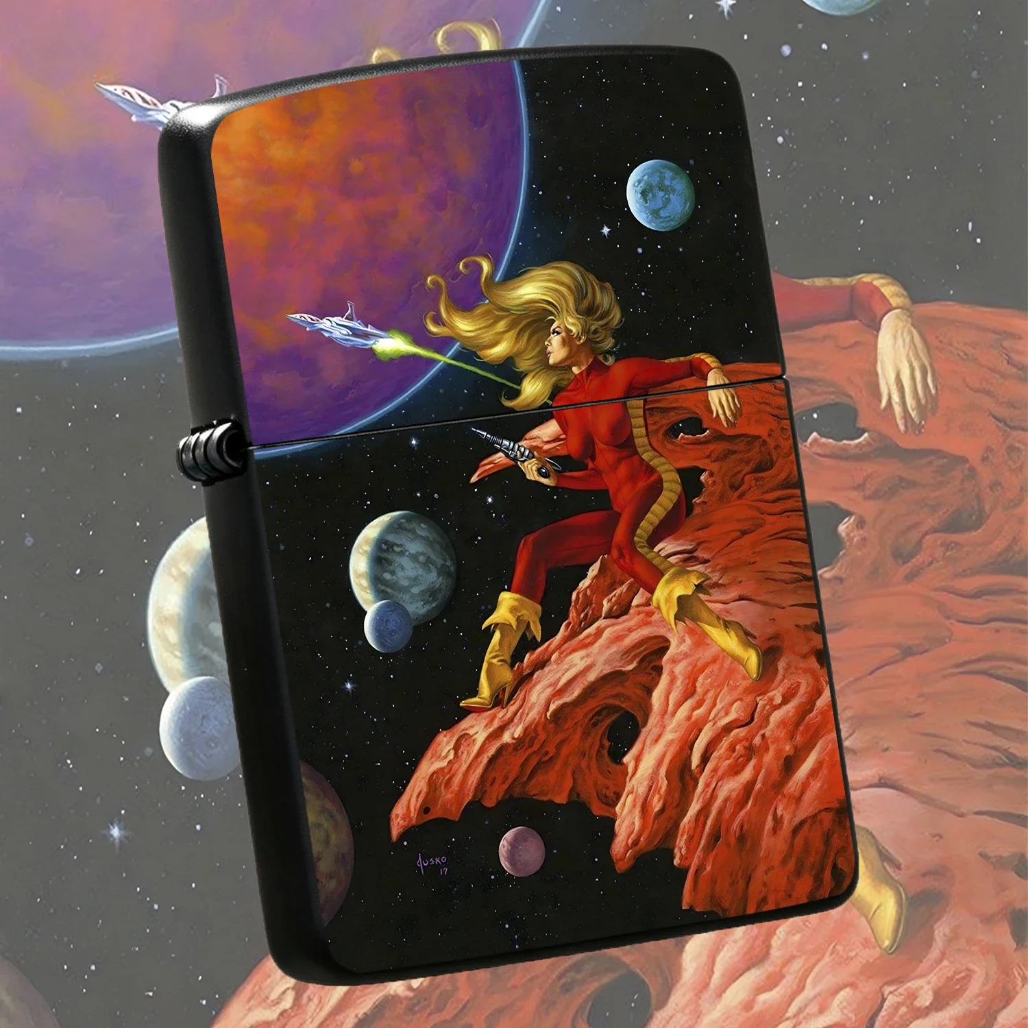 Retro Sci-Fi Space Adventure Lighter, Blonde Heroine Interstellar Exploration Pattern, Exotic Cosmic Scenery Print, Portable Stylish Accessory For Daily Use, Gifting And Desktop Display, Fits All Casual And Occasion Scenarios Interesting An