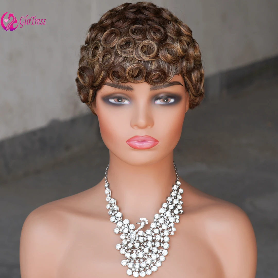 Color P427 Human Hair Curly Pixie Cut Short Wigs For Women 150% Density 6inches Remy Hair Full Machine Made Wigs