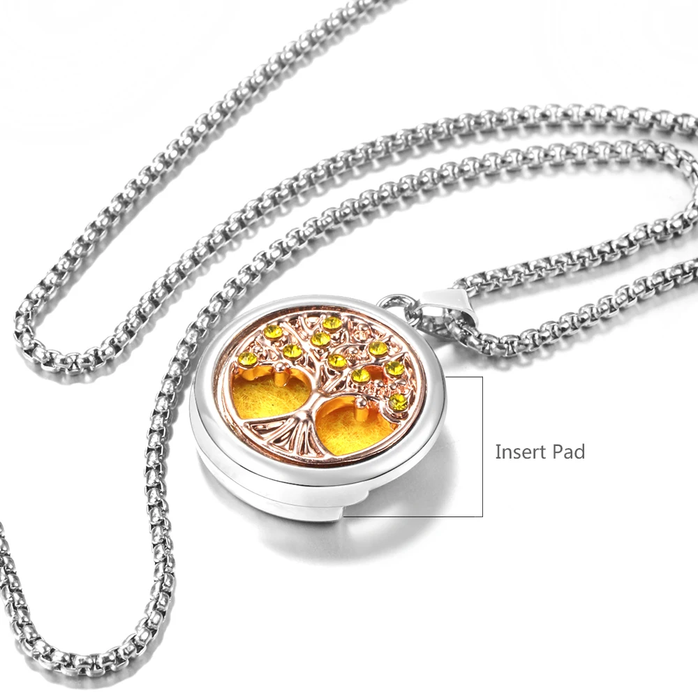 Trendy 20mm Rose Gold Tree of Life Insert Perfume Pad Locket Aromatherapy Pendant Necklace Essential Oil Diffuser Women Jewelry