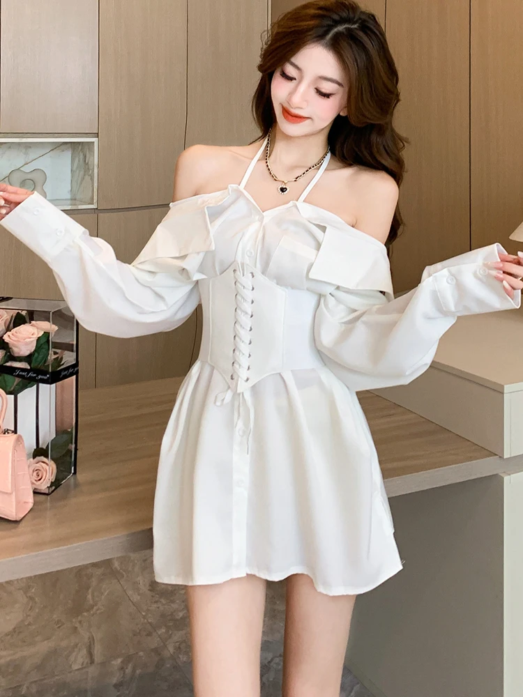 Autumn White Long Sleeve Chic Off Shoulder Sexy Shirt Dress Women Elegant Bandage Short Dress 2025 Korean Bodycon Casual Dresses