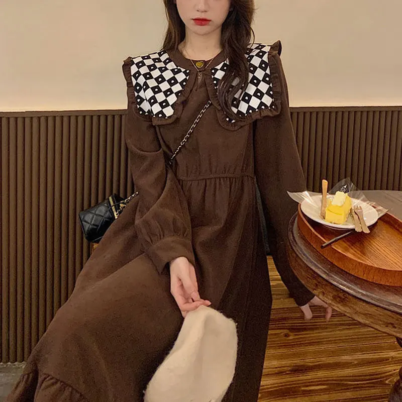 Vintage Printed Doll Collar Midi Dress Women\'s Clothing Sweet Patchwork Spring Autumn Long Sleeve Elegant A-Line Waist Dresses