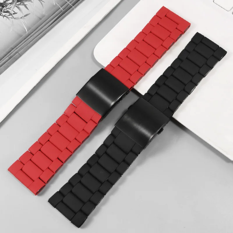 Substitute DZ7370DZ7396 Red Devil Black Samurai Series Flat Straight Mouth Silicone Bag Stainless Watch Strap With 24/26/28mm