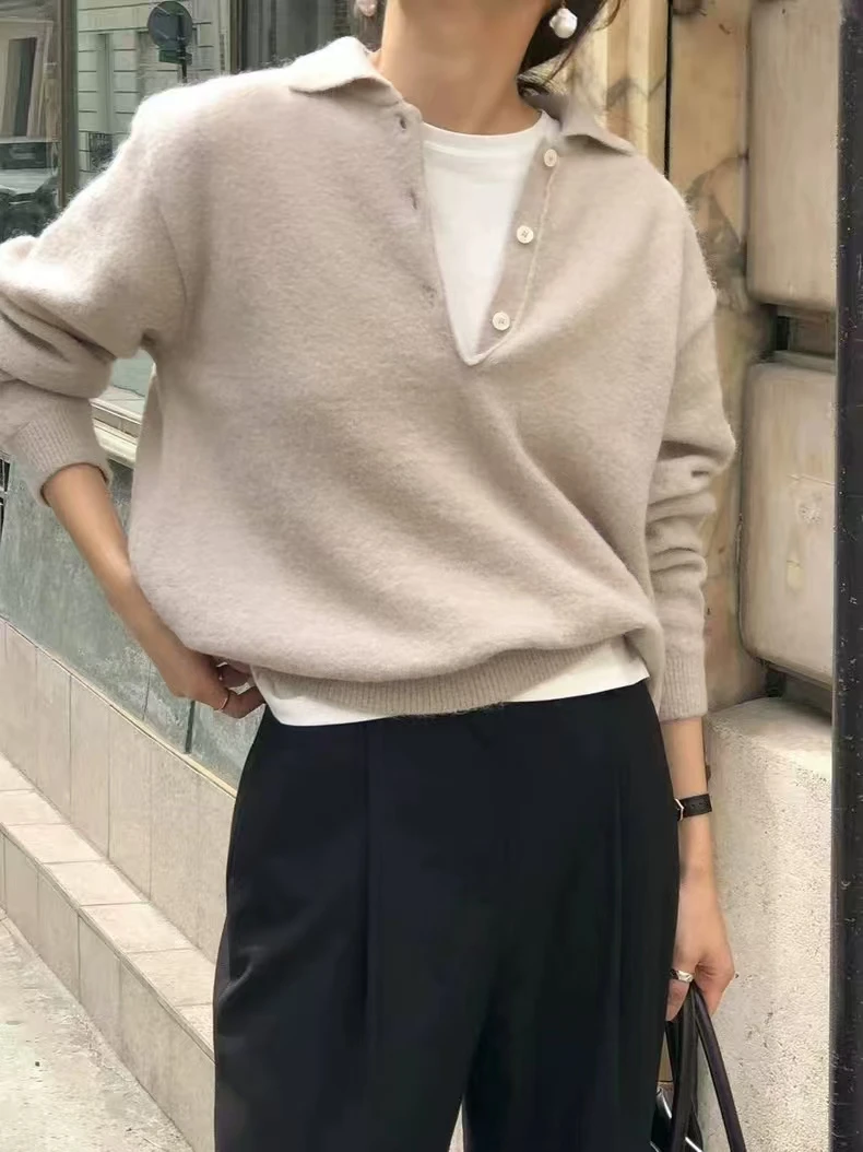 100% Merino Wool Women's POLO Collar Pullover Spring Autumn Casual Fashion Cashmere Knitted Sweater