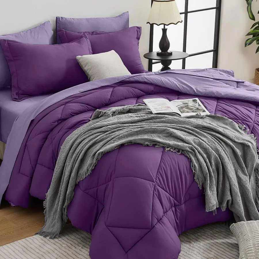 

Purple amp Light Purple Queen Comforter Set 7Piece All Season Bed in a Bag Queen, Ultra Soft Bedding Set with Comforter, Flat Sh