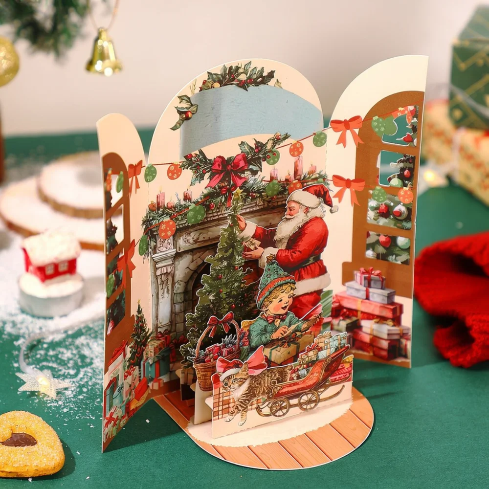Beautiful 3D Christmas Greeting Card Santa Claus Retro Fireplace Pop Up Paper Craft Holiday Gift Card Decor