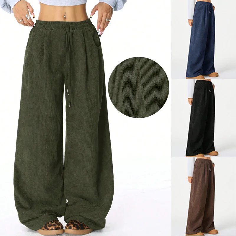 Women's Retro Corduroy Cargo Pants Casual Drawstring Straight Sports Pants Drape Daily Commuting Wide Leg Pants