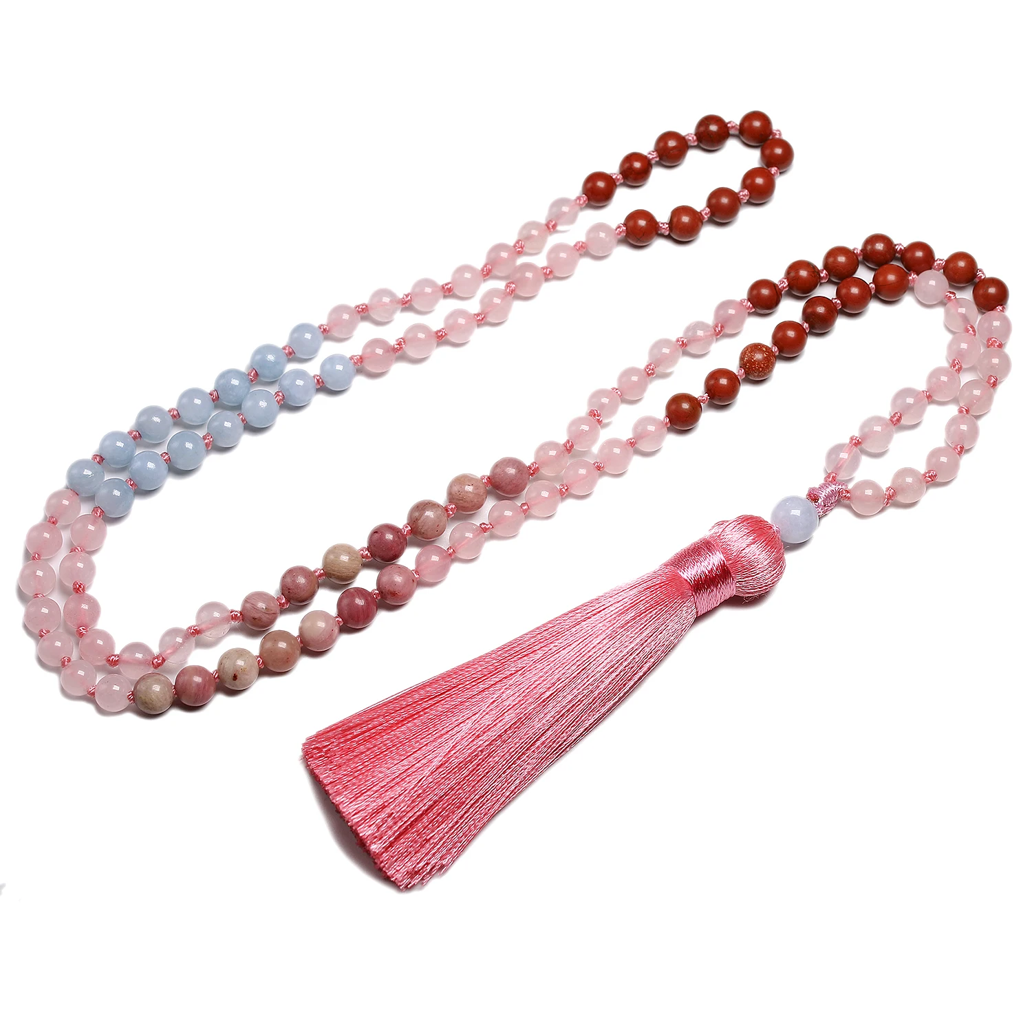 Natural Stones Beads Rose Quartz Japamala Neckalce For Women 108 Mala Knotted Yoga Meditation Energy Lithotherapy Jewelry