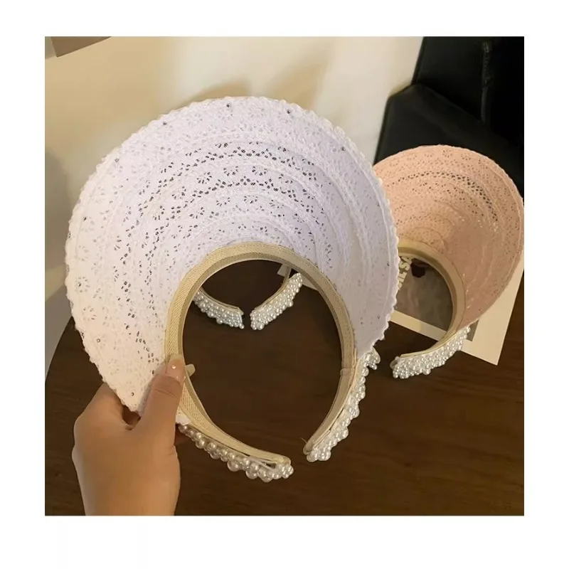Lace Pearl Open Top Sun Hat UV Protection Breathable Wide Brim Shading Cap Ultraviolet Resistant Elegant Headwear Summer Outdoor 5