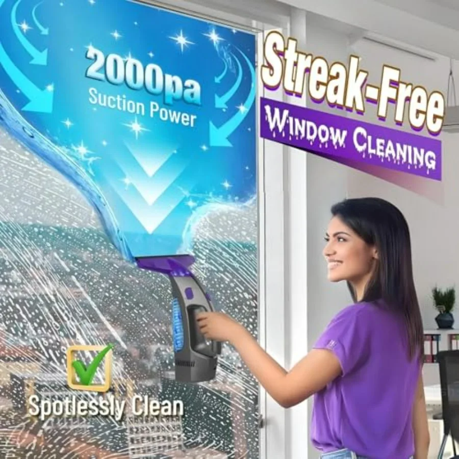 Cordless window vacuum squeegee for home and car use, ABS plastic body in black, 2000Pa suction power for streak-free cleaning