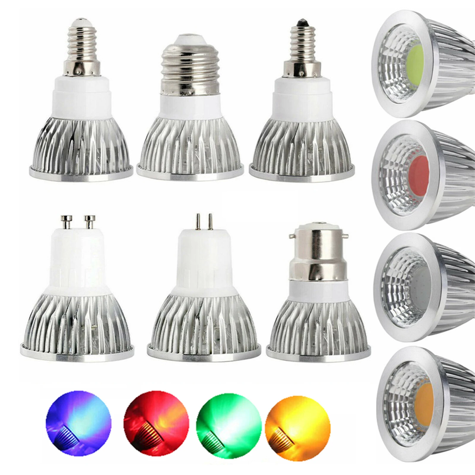 Горячий GU5.3 GU10 E27 E12 E14 COB 6W 9W 12W Led COB Лампа Желто - зелёный красный фонарь GU5.3 110V 220V MR16 DC 12v