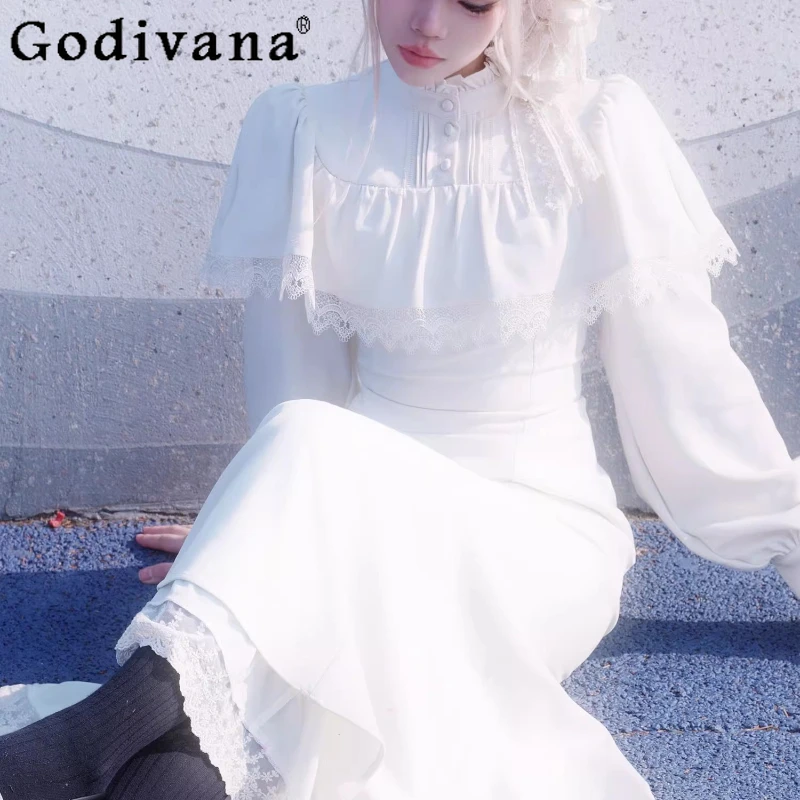 فستان لوليتا على الطراز الفرنسي للنساء فستان أبيض كيب الخصر مقصوص عتيق أنيق للفتيات لربيع الخريف حورية البحر فستان طويل