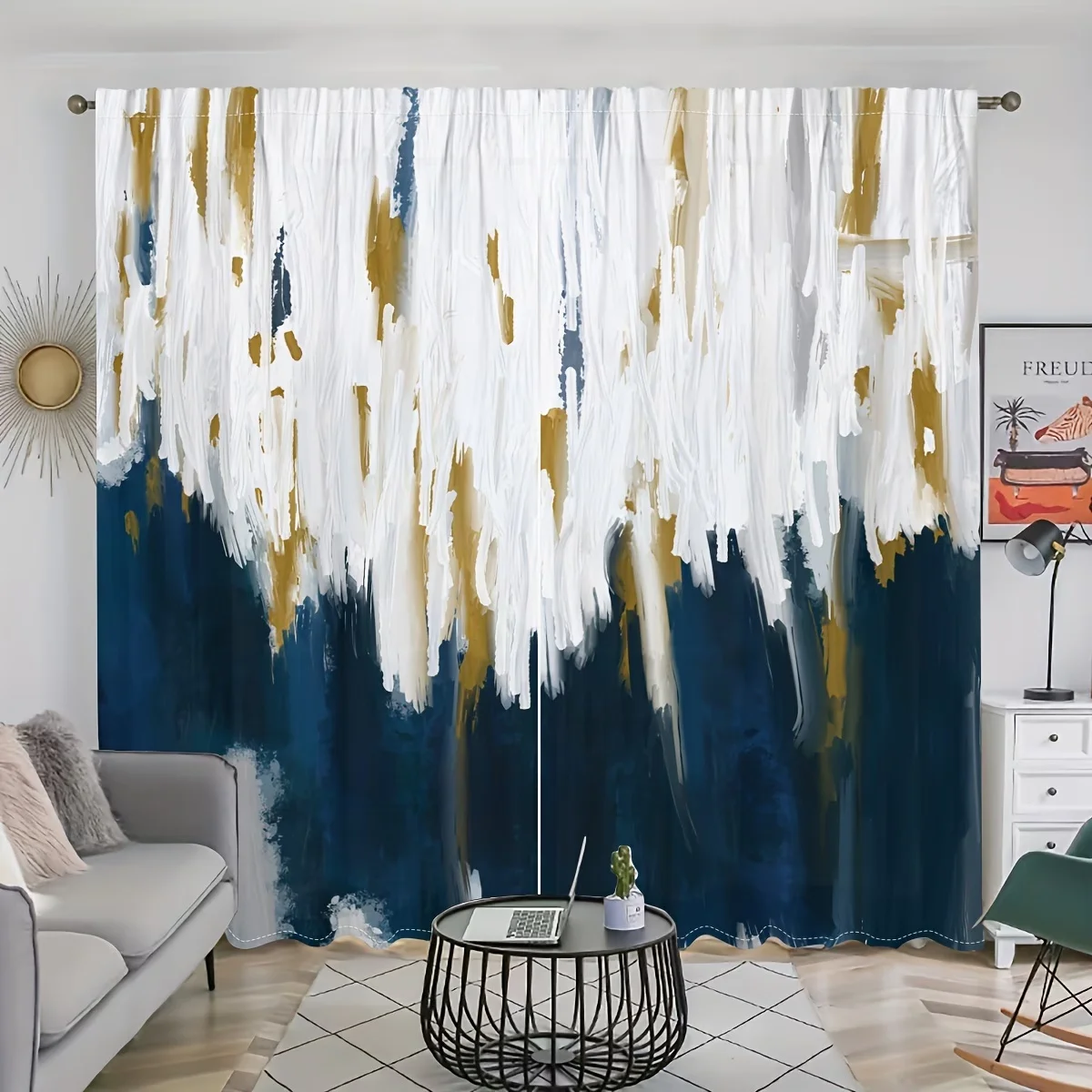 2pcs Navy blue graffiti print curtains,suitable for bedroom,living room kitchen decoration,home decoration,windowdecoration