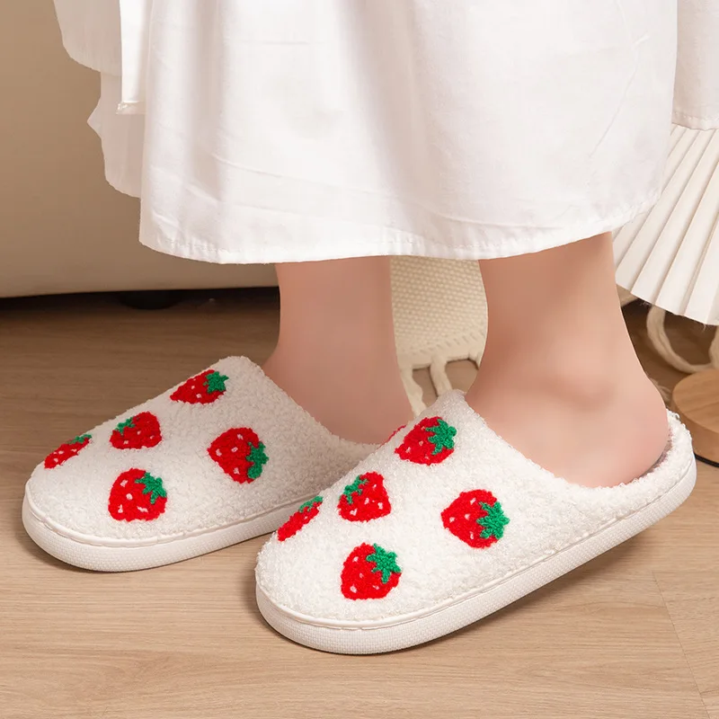 Strawberry Women's Slippers House Flat Winter Designer Woman Shoes Couple Indoor Fluffy Slides Non-Slip Floor Soft Sole Big Size view 4
