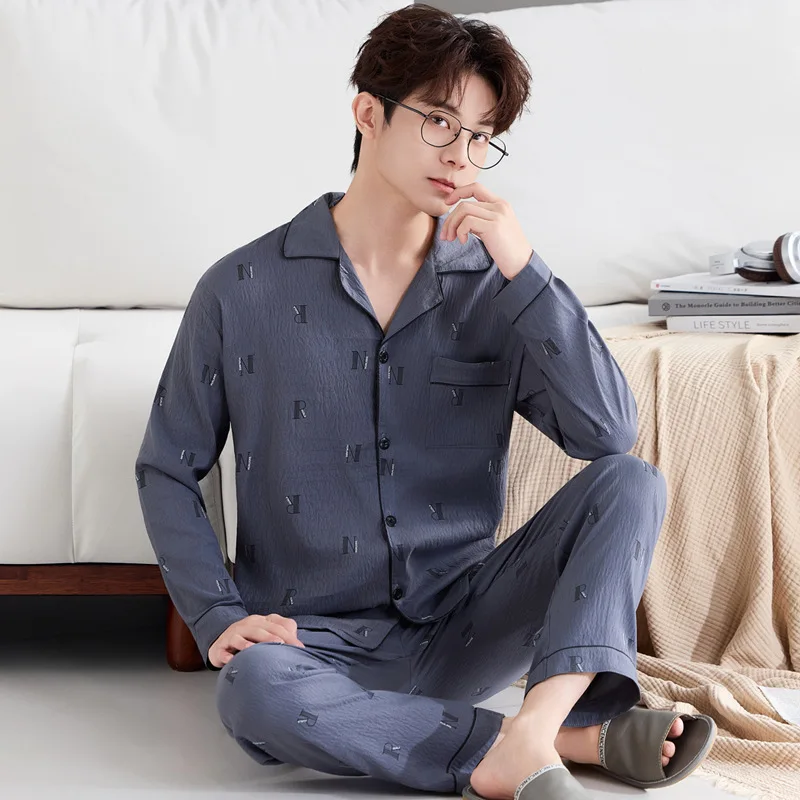 بيجامة رجالية فاخرة للخريف والربيع، قطن سحابي بأكمام طويلة، نمط بسيط مع تصميم حروف، مجموعة ملابس مريحة راقية