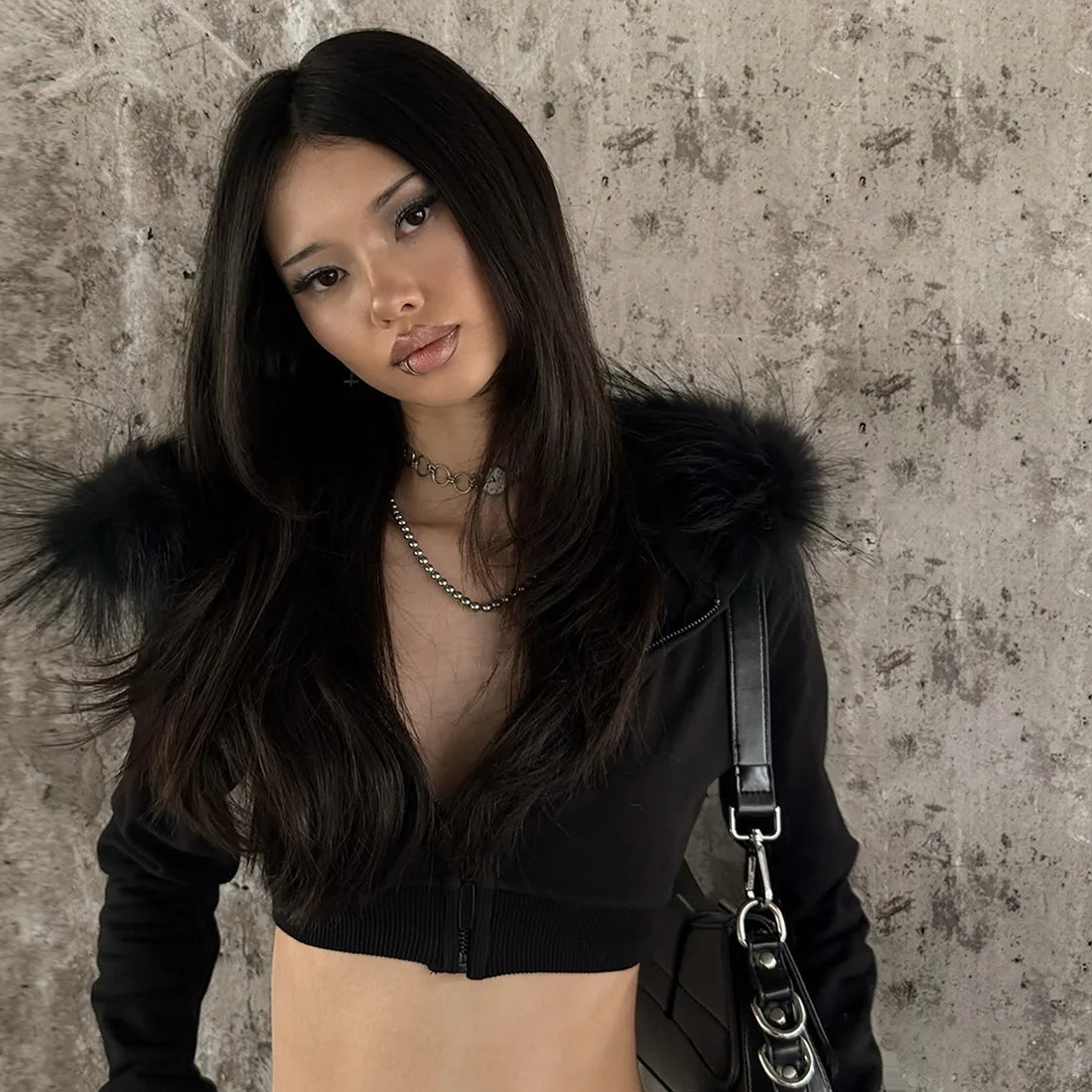 Women Crop Top Fur Hooded Coat 2025 Autumn New Street Style Jacket Slim Fit Cropped Frayed Hem Versatile Casual Women Outerwear