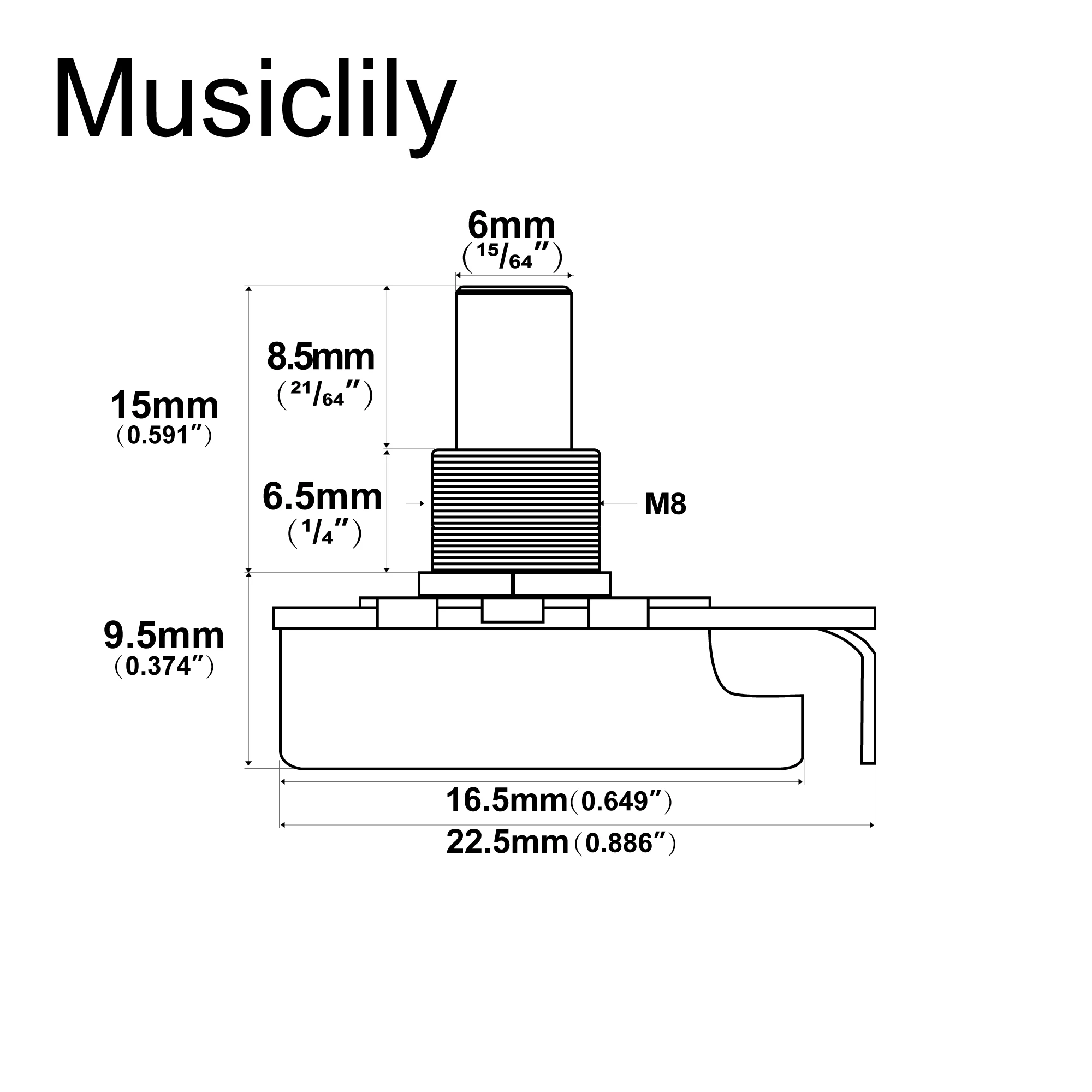 Musiclily Pro A250K/B250K/A500K/B500K Mini Pot Brass Metric Short Shaft 6.5mm Potentiometer for Electric Guitar Bass