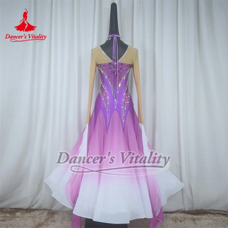 볼룸 댄스 전문 경쟁 드레스 하이 엔드 맞춤형 성인 라이트 퍼플-화이트 그라데이션 색상 AB 스톤 빅 스윙 드레스