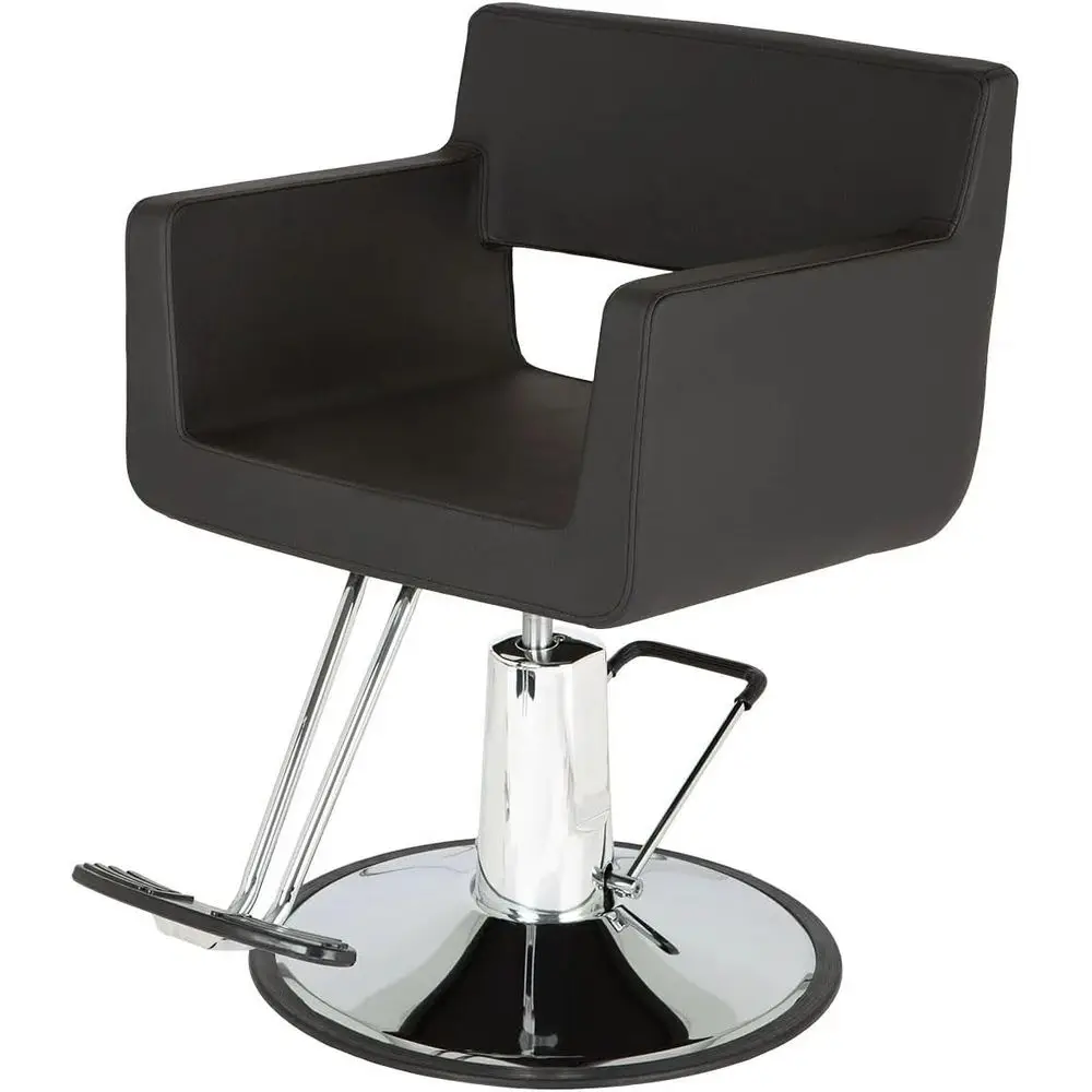 

Stylish Black Vinyl Barber Chair with 23 Chrome Base, Hydraulic Pump, Seamless Design, T-Bar Footrest, Wide Seat, and Low-Cut Ba