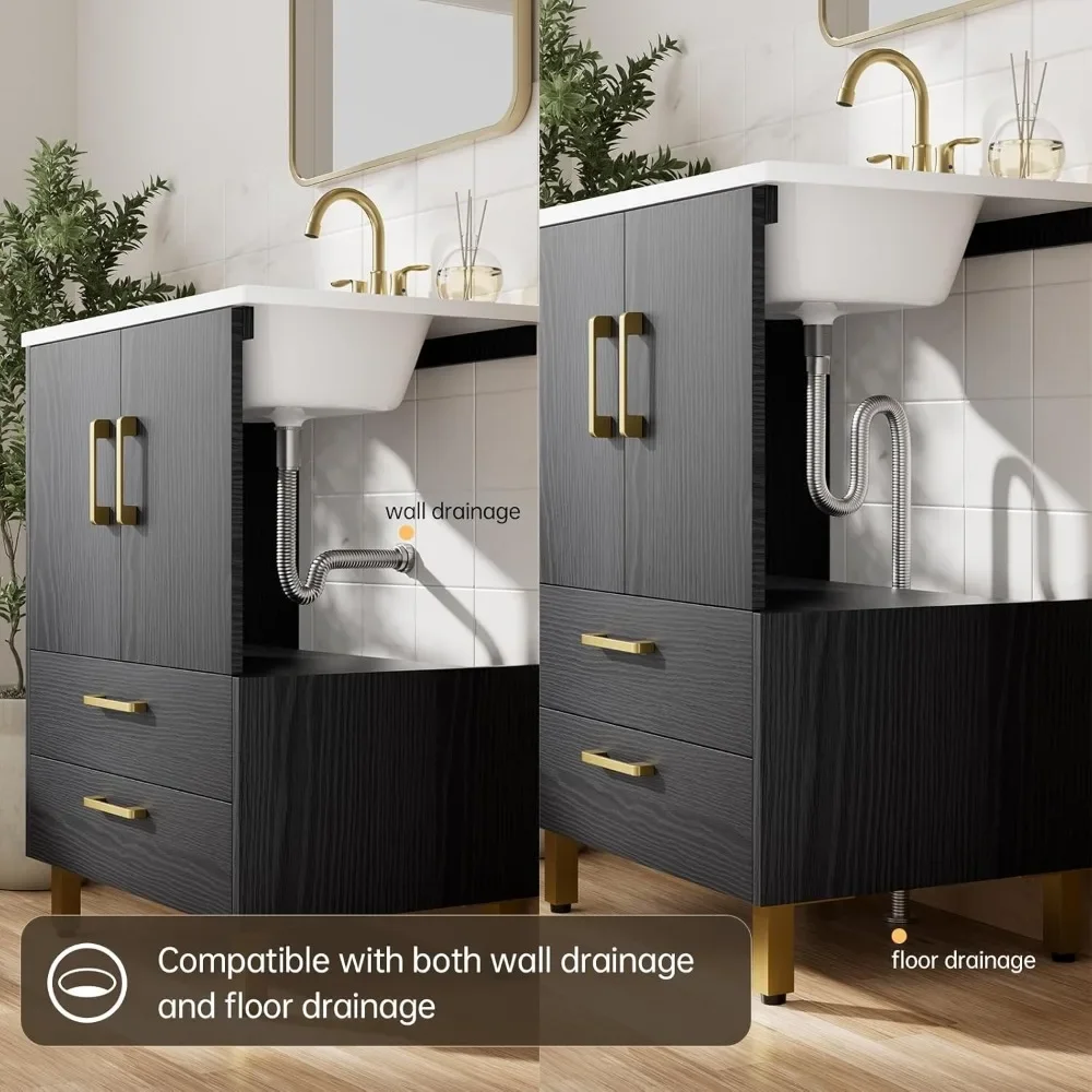 مجموعة خزانة حمام باللون الأسود مقاس 24 بوصة مجمعة مسبقًا بالكامل، وبابين إغلاق ناعمين ودرجين، مع 3 فتحات #6
