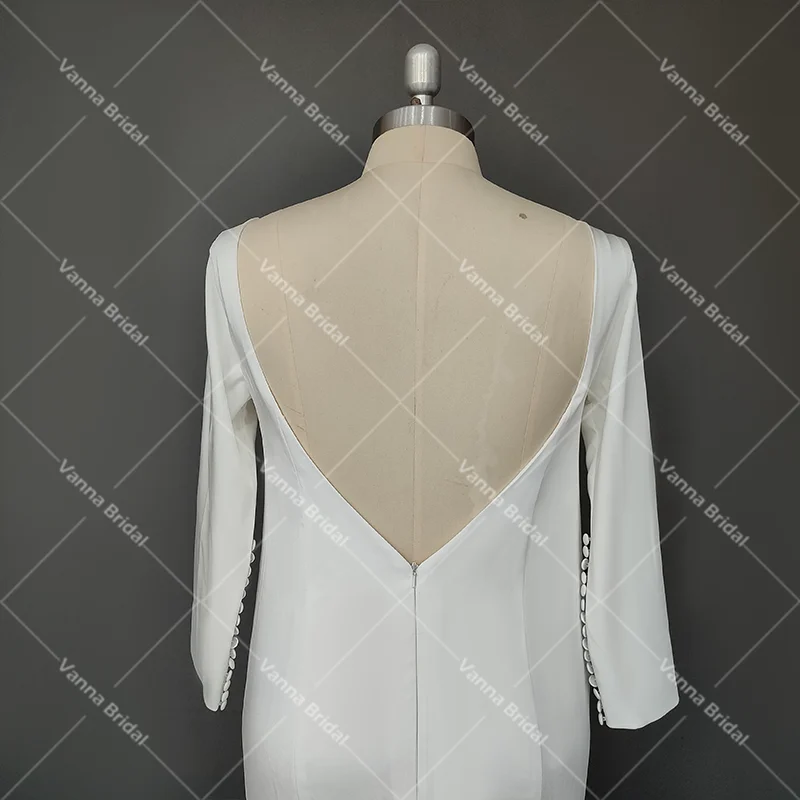 Vestido de novia sencillo de sirena, prenda de novia con mangas largas ajustadas y Espalda descubierta, con botones de marfil