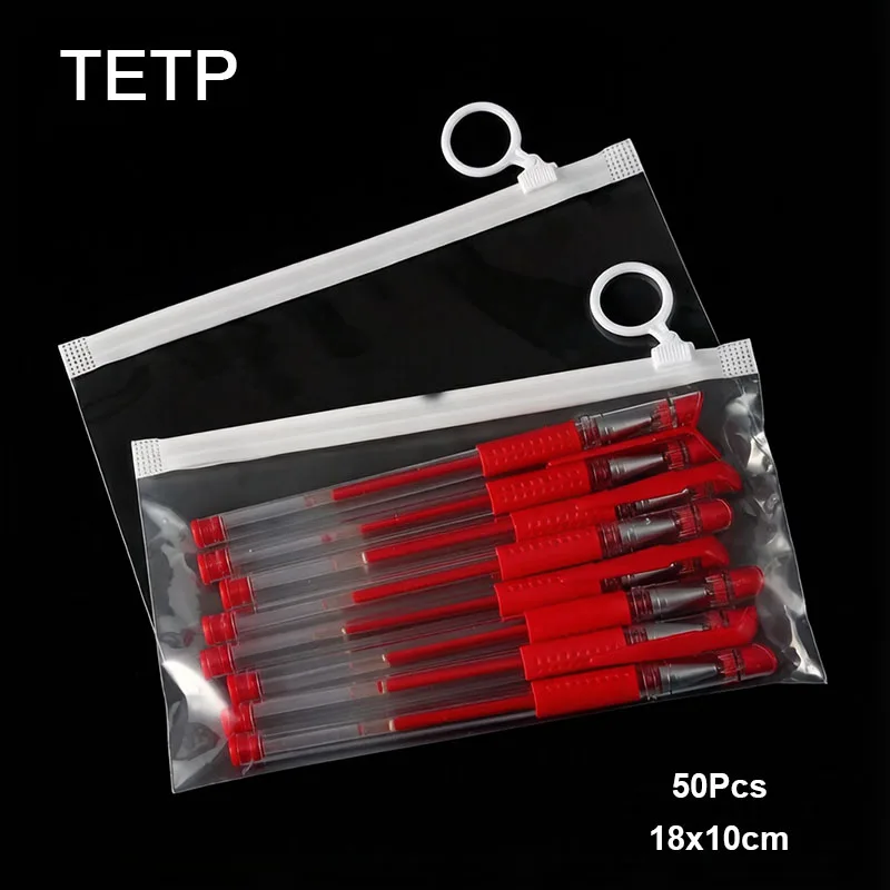 

TETP 50Pcs Transparent Stationery Packaging Zipper Bags With Wihte Pull Tab For Pen Eraser Ruler Cosmetics Storage Reusable