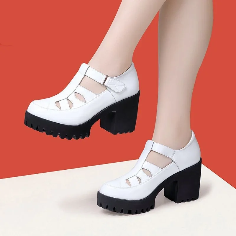 8cm Small Size 32-43 Close Head Genuine Leather Shoes Chunky Platform Sandals 2024 Block High Heels Gladiator Sandals Office Mom