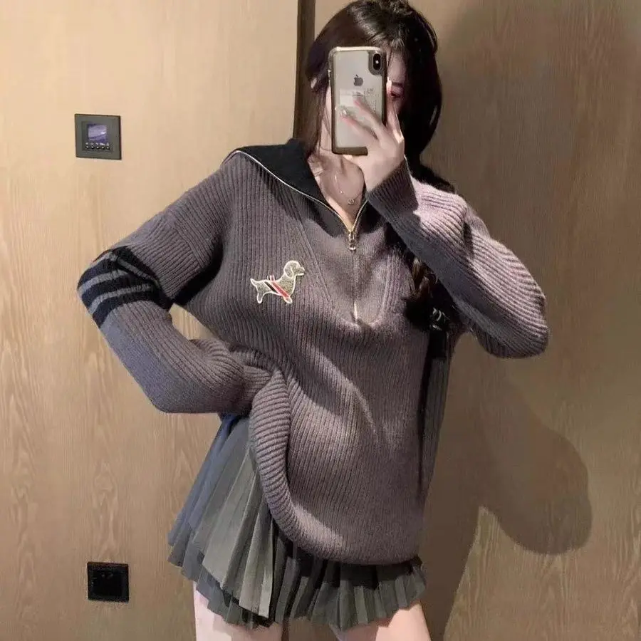 Thickened sweater zipper knitted top women's lapel autumn and winter new Korean style loose and versatile knitted sweater