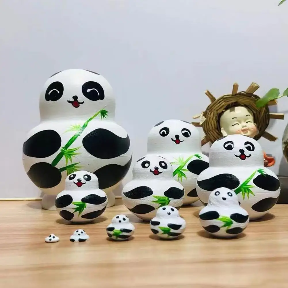 10Pcs/Set Animal Russian Nesting Doll 10 Layers Handmade Wooden Matryoshka Duck Panda Penguin Chick Stacking Toy Desktop Figurin