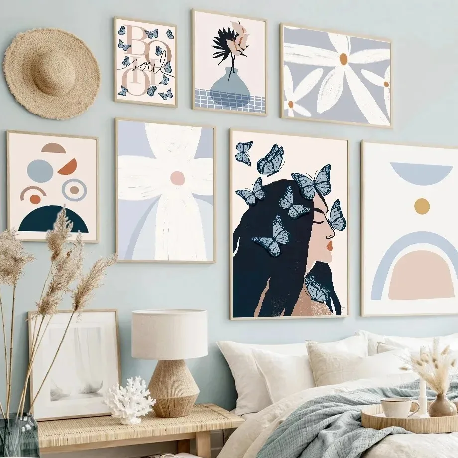 Boho Girl Butterfly Silhouette Geometry Shape Wall Art Posters Canvas Painting Abstract Pictures Living Room Decor
