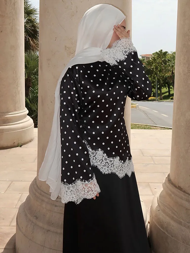 Damenoberteile mit Polka-Dot-Muster, Spitzen-Patchwork, Schnürung am Rücken, unregelmäßiger Saum, modisches Oberteil für Bürodamen, O-Ausschnitt, ausgestellte lange Ärmel, schmal geschnitten, Partykleidung – Detail 6
