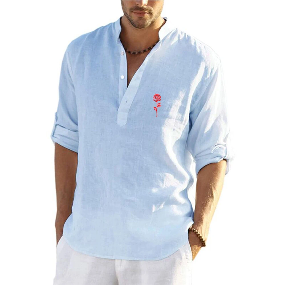 2026 Beautiful Rose Pattern Logo Print Men's Cotton Linen Shirts Beach Tops Shirt Pull on Male Loose Casual Long Sleeve Top view 5