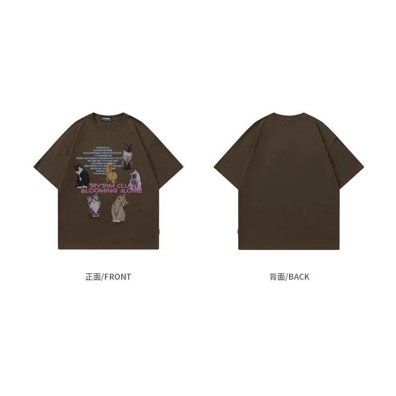 Sycpman Funny Cat Print Couple Short Sleeve T-Shirt Men Trendy Loose Casual Cotton Tees Harajuku