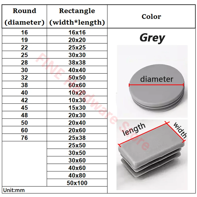 Grey Round Square Plastic Blanking End Cap Tube Pipe Inserts Plug Bung Insert Stopper For Chair Leg Pipe 16 19 22 25 30 76mm