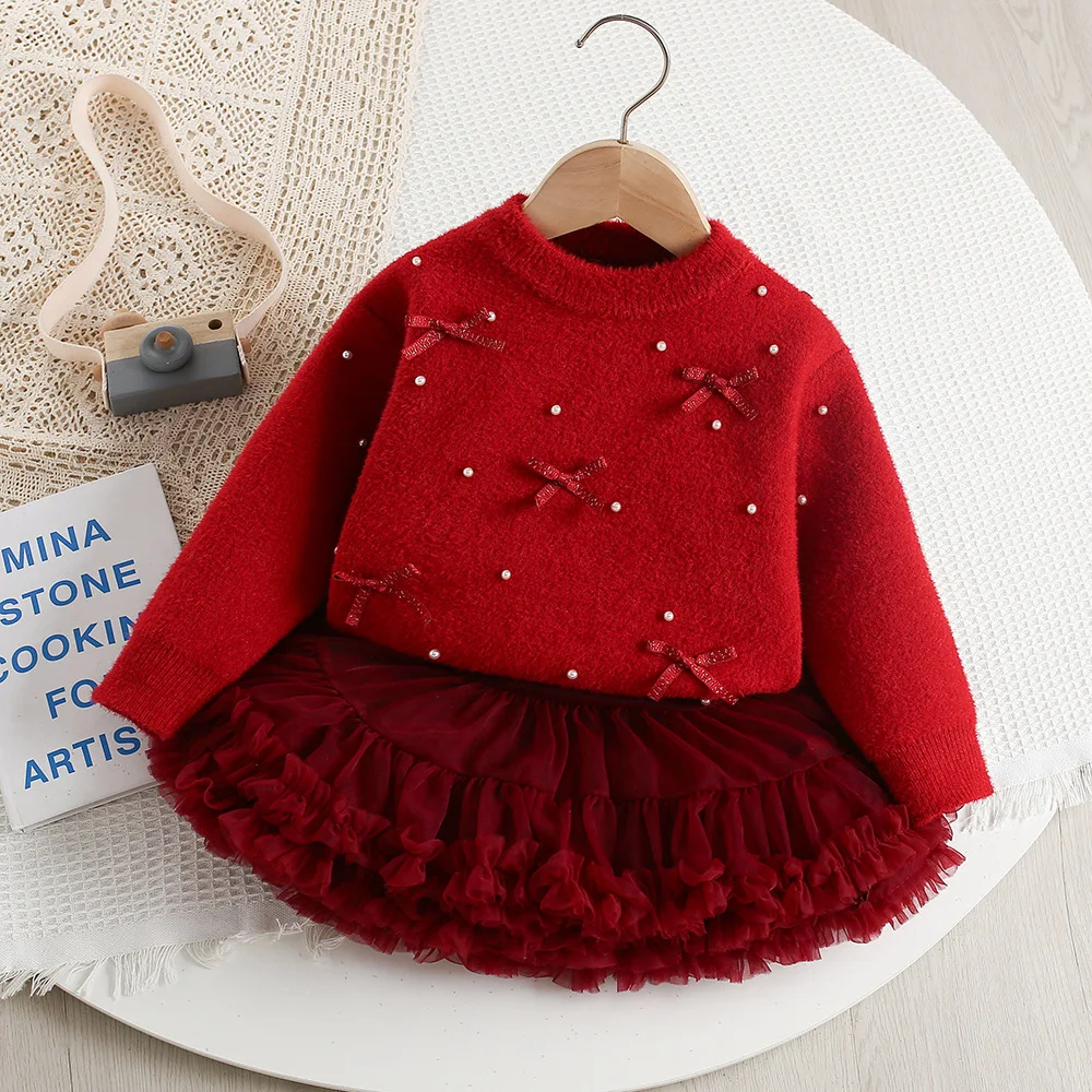 Girls' sweater two-piece set new autumn winter butterfly knot nail bead solid color top+mesh fluffy skirt suit