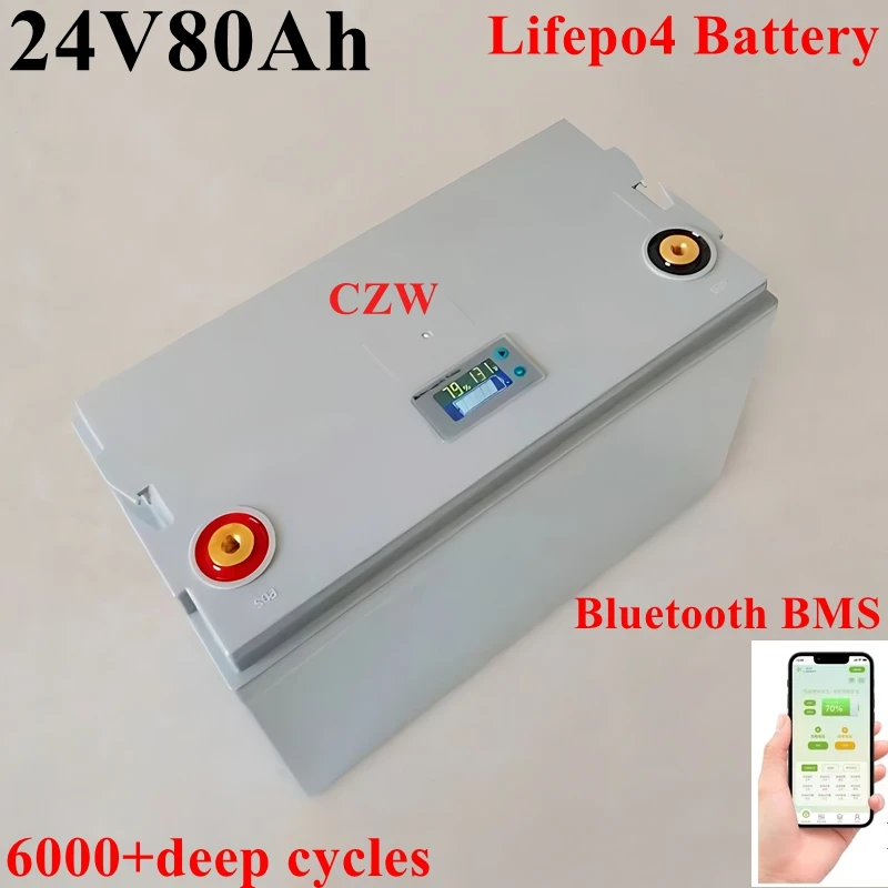

CZW 24V 80AH Lifepo4 battery lithium with bluetooth BMS for inverter solar panel scooter backup power boat light +10A Charger