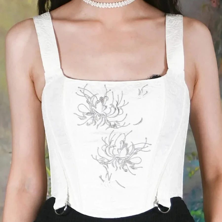 

Female Fancy Corset Vest Floral Embroidery Adjustable Shoulder Straps Bustier Shaping Tops Bodice Emboss Print Corselet