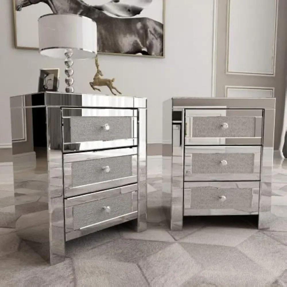 

%a Mirrored Nightstands Set of 2 with 3-Drawers, Modern Mirror Glass End Table Silver Bedside Table for Living Room, Nightstan