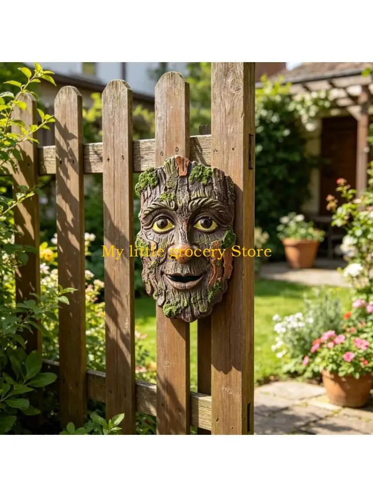 D5BD Outdoor Tree Faces Decoration Garden Statue Whimsical Man Face Tree Sculpture
